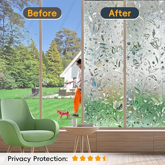 Rainbow Window Privacy Film Decorative, Stained Glass Tint for Home, 3D Decals Clings for Glass, Static Cling Sticker, Suncatcher Cover,45.2" by 157.4"