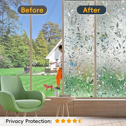 Rainbow Window Privacy Film Decorative, Stained Glass Tint for Home, 3D Decals Clings for Glass, Static Cling Sticker, Suncatcher Cover,45.2" by 157.4"