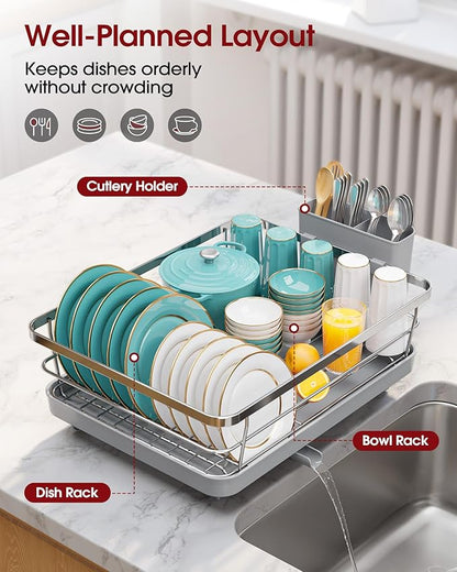 Sakugi Stainless Steel Dish Drying Rack for Kitchen Counter, Sink Organization and Storage Essentials with Silverware & Utensil Holder, Home and Apartment Decor, 12''W x 15.5''L, Silver
