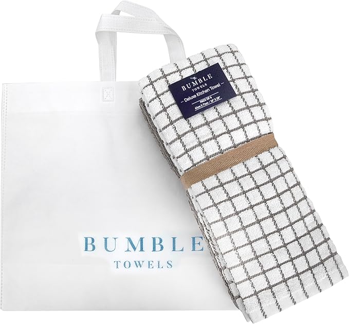 Bumble Kitchen Towels | 100% Cotton Dish Towels with Hanging Loop | 16"x 28" | 380GSM | Absorbent Kitchen Towel Set | 12 Pack, Gray