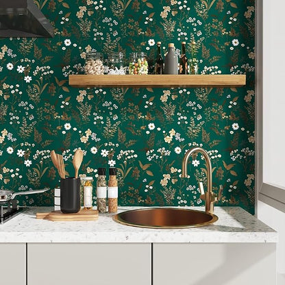 Laatse Dark Floral Wallpaper Peel and Stick 17.5in x 118in Vintage Green Gold Leaf Wallpaper Vinyl Waterproof Self-Adhesive Boho Botanical Wall Paper Mural for Cabinet Bookcase Bedroom Decor