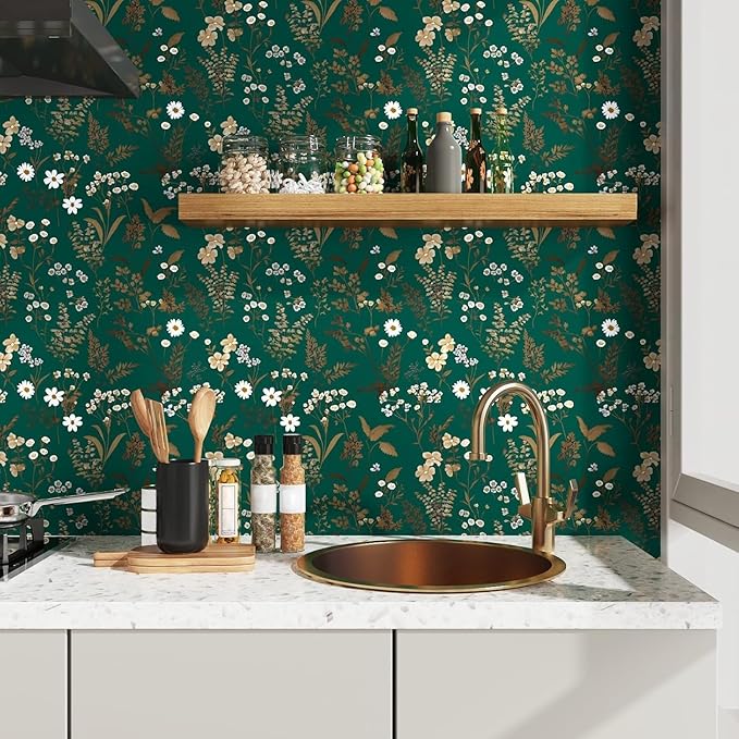 Laatse Dark Floral Wallpaper Peel and Stick 17.5in x393in Vintage Green Gold Leaf Wallpaper Vinyl Waterproof Self-Adhesive Boho Botanical Wall Paper Mural for Cabinet Bookcase Bedroom Decor