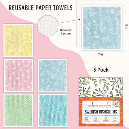 Swedish Dishcloths for Kitchen, 5 Pack Reusable Paper Towels Washable, Super Absorbent Swedish Dish Cloths, Non-Scratch, No Odor