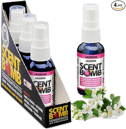 Scent Bomb Air Freshener Spray, Long-Lasting Odor Eliminator - Effective Deodorizer for Home & Car, Fresh Room Spray for Kitchen, Bathroom & Smell Neutralizer - 1 oz Pack of 4, Jasmine Scent