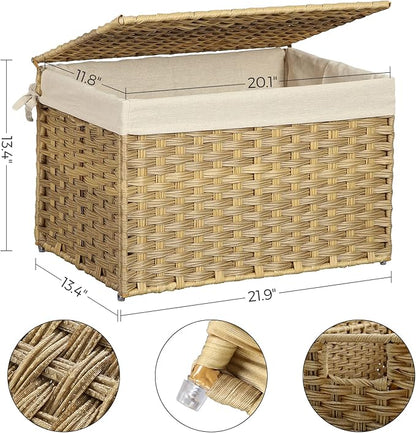 SONGMICS Storage Basket with Lid, Woven Blanket Storage Bin with Handles, Foldable, Removable Liner, Metal Frame, for Bedroom, Laundry Room, 17.2 Gallons (65 L), Natural URST56NL