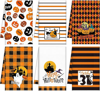 6 Pcs Halloween Kitchen Towels Buffalo Plaid Pumpkin Dish Towels 18 x 28 Inches Happy Halloween Boo Ghost Tea Towels Black Cat Spooky Bat Hand Towels for Halloween Party Decor Home Cooking Baking
