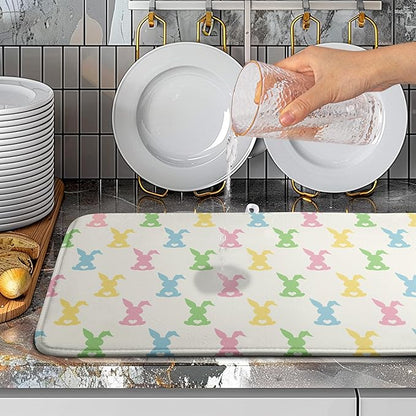 Easter Bunny Dish Drying Mat Colorful Cute Rabbits Kitchen Drying Mat Spring Microfiber Dish Dryer Pad Absorbent Reversible Dish Drainer Rack Mat Washable Dish Mat for Kitchen Countertop 18x24 Inch