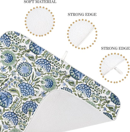 Boho Navy Blue Sage Green Dish Drying Mat 18x24 Inch Vintage Floral Drying Mat Chinoiserie Flower Spring Summer Absorbent Dish Drying Pad Dish Rack Drainer Mats for Kitchen Dining Counter