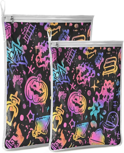 Mesh Laundry Bags Lingerie Bags for Washing Delicates 2 PCS Durable Wash Bag with Zipper Small and Medium Washable Black Punk Pumpkin Halloween