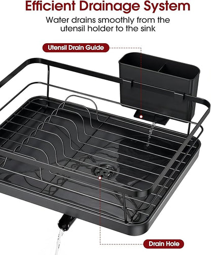 Sakugi Stainless Steel Dish Drying Rack for Kitchen Counter, Sink Organization and Storage Essentials with Silverware & Utensil Holder, Home and Apartment Decor, 12''W x 15.5''L, Black