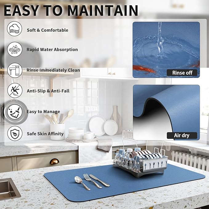 HotLive Dish Drying Mat for Kitchen Counter, Heat Resistant Drainer Mats with Non-slip Rubber Backed, Hide Stain Kitchen Super Absorbent Draining Mat, Easy to Clean Dish Rack Pad, Blue 16"x20"