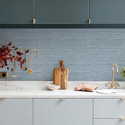 Simon&Siff Grey Blue Textured Grasscloth Peel and Stick Wallpaper 17.7"x394" Faux Grassweave Wallpaper Waterproof Self Adhesive Removable Wallpaper Mural for Home Decor Bedroom Kitchen Cabinet