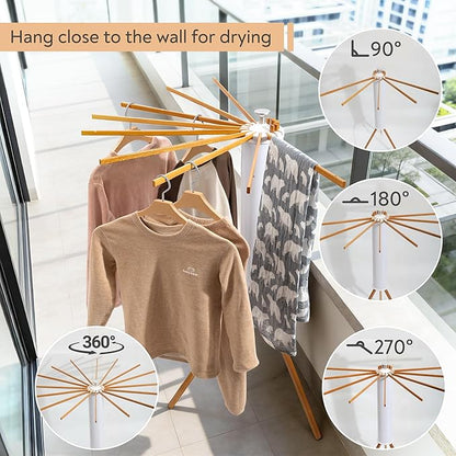 Clothes Drying Rack, Foldable Wooden Tripod Drying Rack Clothing for Small Apartments Balcony Bedroom, Portable Space Saving Laundry Rack, Floor Standing with 16 Poles for Indoor Air Drying
