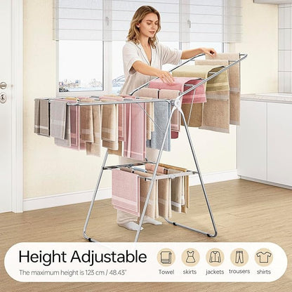 APEXCHASER Clothes Drying Rack Folding - Stainless Steel Drying Rack Clothing Height-Adjustable, Foldable Laundry Rack, Space-Saving, Collapsible for Indoor Outdoor Use for Clothe, Towels, Chrome