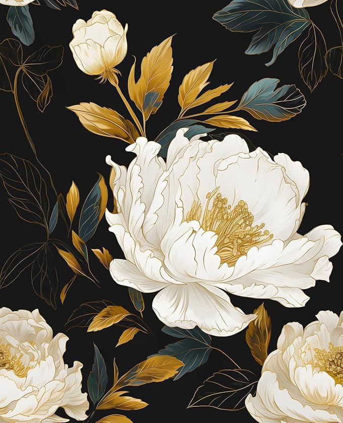 Vintage Dark Floral Wallpaper Peel and Stick, White Peony Flower with Gold Leaf Removable Contact Paper for Bedroom Cabinet Drawer, Boho Botanical Wall Decor Black White Gold 17.5" x 118"