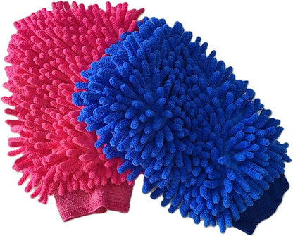 House Cleaning and Car Washing Gloves, Home Dusting Microfiber Mitts, Wash Clean Polish Faster (2-Pack, Pink/Blue)