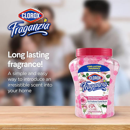 Clorox Fraganzia Crystal Beads Air Freshener, Long Lasting Room Deodorizer and Odor Eliminator Gel Beads to Freshen Home, Car, or Office, Sweet Rosewater Scent, 12 Fl Oz