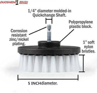 5 Piece Soft, Medium and Stiff Power Scrubbing Brush with 6 Inch Size Extender Drill Attachment for Cleaning Showers, Tubs, Bathrooms, Tile, Grout, Carpet, Tires and Boats by DrillStuff
