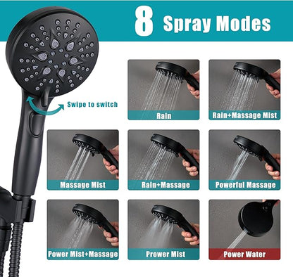 Handheld Shower Head with on off Switch&Built-in Power Spray,7-Setting High Pressure Spray Shower Wand with 79in Long Hose&Bracket and Extra Adhesive Shower Holder for Lower Mount,Black