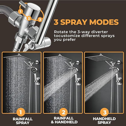 Shower Head,10”Rain Shower Head with Handheld Spray Combo with 11'' Angle Adjustable Extension Arm/Flow Regulator/Shower System,High Pressure Rainfall Shower Head Clean Bathroom,Matt Black