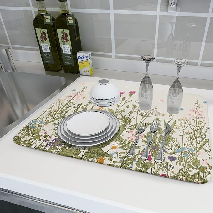 Aportt Spring Floral Wildflower Dish Drying Mat With Absorbent Reversible Microfiber Summer Flowers Sage Green Herbs Drying Mats 18 x 24 Inch Dish Drainer Mat Fast Dry For Kitchen Dining Room