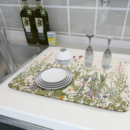 Aportt Spring Floral Wildflower Dish Drying Mat With Absorbent Reversible Microfiber Summer Flowers Sage Green Herbs Drying Mats 18 x 24 Inch Dish Drainer Mat Fast Dry For Kitchen Dining Room
