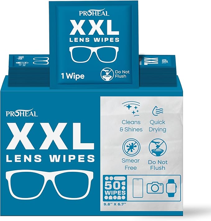 XXL Lens Wipes, 50 Count - 9.8"x6.7" Eye Glasses Cleaner Wipes for Lenses, Watches, Display Screens, and More - Cleans and Shines - Quick Drying, No Smear with Isopropyl Alcohol