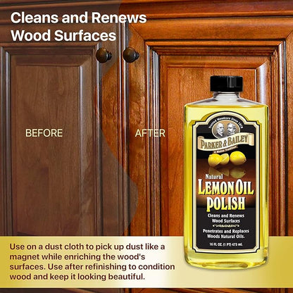 Parker & Bailey Lemon Oil Polish, Natural Lemon Scented Furniture Cleaner & Wood Table Cleaner, Renews & Restores a Finish for Woods, Protects from Drying or Cracking, Leaves a Shiny Finish, 16 oz