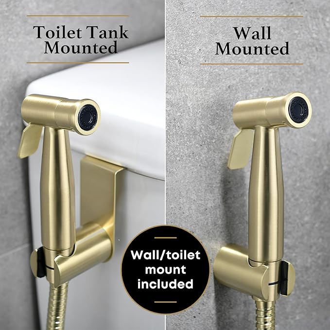 Purrfectzone Bidet Sprayer for Toilet, Bidet Sprayer for Feminine Wash, Premium Stainless Steel Jet Spray for Toilet, Wall-Mounted or Toilet Tank Mounted - Brushed Gold
