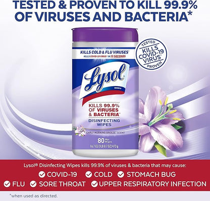Lysol Disinfectant Wipes, Multi-Surface Antibacterial Cleaning Wipes, Dorm Room Essentials For Disinfecting and Cleaning, Early Morning Breeze, 80 Count (Pack of 1)