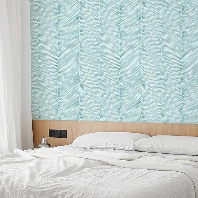 Modern Peel and Stick Wallpaper A Set of 17.3"x200" Teal Green Herringbone Striped Wall Paper Boho Self-Adhesive Removable Contact Paper for Cabinets Bathroom Bedroom Wall Decor