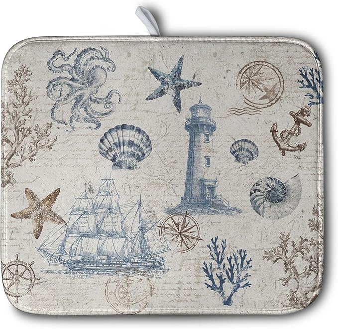 Nautical Coastal Dish Drying Mat for Kitchen Counter Summer Ocean Sailboat Starfish Seashell Absorbent Microfiber Dish Mat Reusable Washable Dish Drainer Rack Mat 16x18 Inch