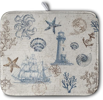 Nautical Coastal Dish Drying Mat for Kitchen Counter Summer Ocean Sailboat Starfish Seashell Absorbent Microfiber Dish Mat Reusable Washable Dish Drainer Rack Mat 16x18 Inch