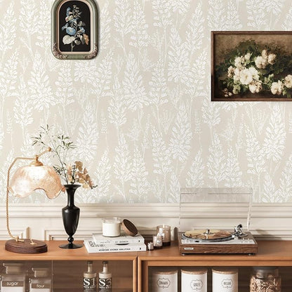 Ismoon Floral Peel and Stick Wallpaper Boho Beige Contact Paper 17.3" x 393" Neutral Wallpaper Renter Friendly Removable Self-Adhesive Wall Paper for Bedroom Kitchen Wall Decor Vinyl