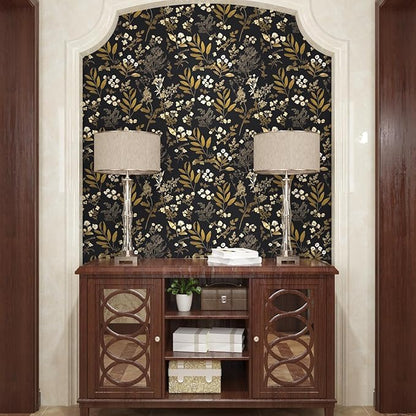 Laatse Leaf Wallpaper Peel and Stick Dark Floral Wallpaper 17.5in x 197in Vintage Leaf Contact Paper Vinyl Waterproof Self Adhesive Boho Botanical Wall Paper for Bedroom Cabinet Décor