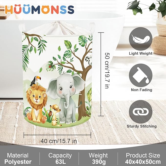 Forest Animals Laundry Hamper Woodland Tree Large Storage Basket Parents Organizer Kids Clothes Toy Bins for Bedroom, Bathroom, Elephant, 63L