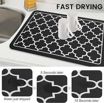 WISELIFE Dish Drying Mat Super Absorbent Drying Mat Large Dish Drying Mats for Kitchen Counter Easy Clean Dish Mat Kitchen Drying Mat16"x 24" Stylish Black