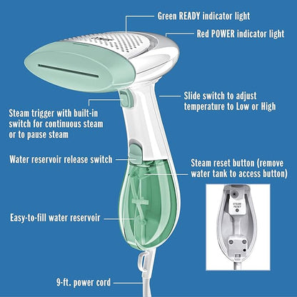 Conair Handheld Garment Steamer for Clothes, ExtremeSteam 1200W, Portable Handheld Design,White/Light Green