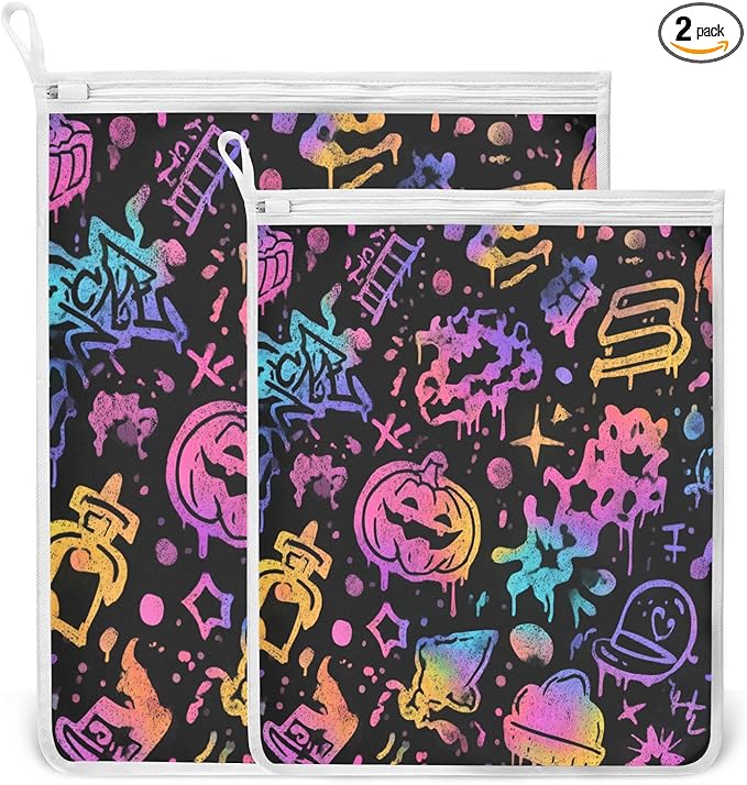 Mesh Laundry Bags Lingerie Bags for Washing Delicates 2 PCS Durable Wash Bag with Zipper Small and Medium Washable Black Punk Pumpkin Halloween