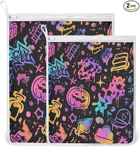 Mesh Laundry Bags Lingerie Bags for Washing Delicates 2 PCS Durable Wash Bag with Zipper Small and Medium Washable Black Punk Pumpkin Halloween