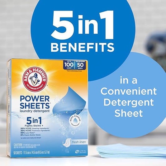 Arm & Hammer Power Sheets Laundry Detergent, Fresh Linen 50ct, up to 100 Small Loads (Packaging may vary)
