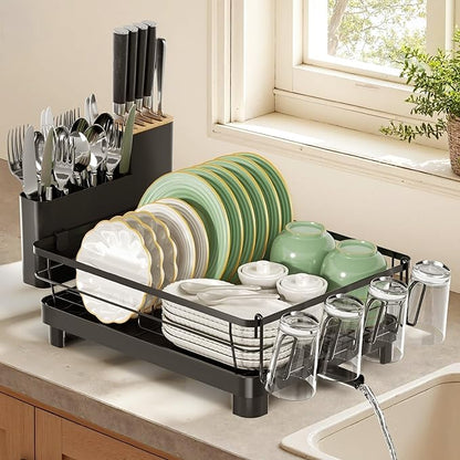 Runnatal Dish Drying Rack, Stainless Steel Dish Rack with Drainboard for Kitchen Counter and Sink, Large Capacity Dish Drainer, Detachable 2-in-1 Utensil Holder, Cup Holder, Black