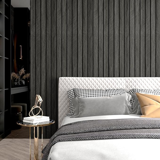 Wallercity 3D Gray/Black Wood Panels for Walls Self Adhesive Wood Slat Wall Paneling for Bedroom Bathroom Thick Peel and Stick Flexible Wooden Wall Panel for Living Room Kids Room Ceiling 11.7''x118''