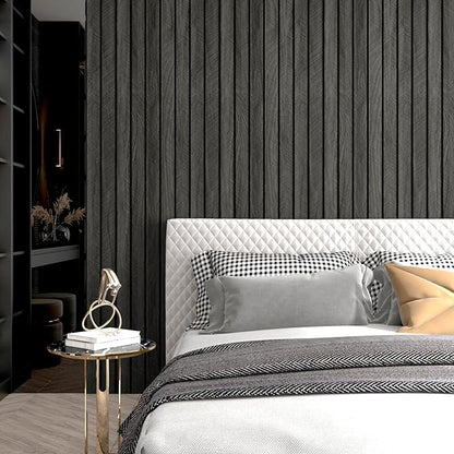 Wallercity 3D Gray/Black Wood Panels for Walls Self Adhesive Wood Slat Wall Paneling for Bedroom Bathroom Thick Peel and Stick Flexible Wooden Wall Panel for Living Room Kids Room Ceiling 11.7''x118''