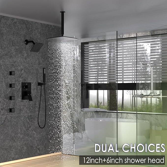 Enga Dual Shower Head Shower System with Body Jets, 12" Ceiling Mounted Rain Shower Head & 6" Wall Mounted Head Full Body Rainfall Shower Faucet with Valve Kit, Matte Black