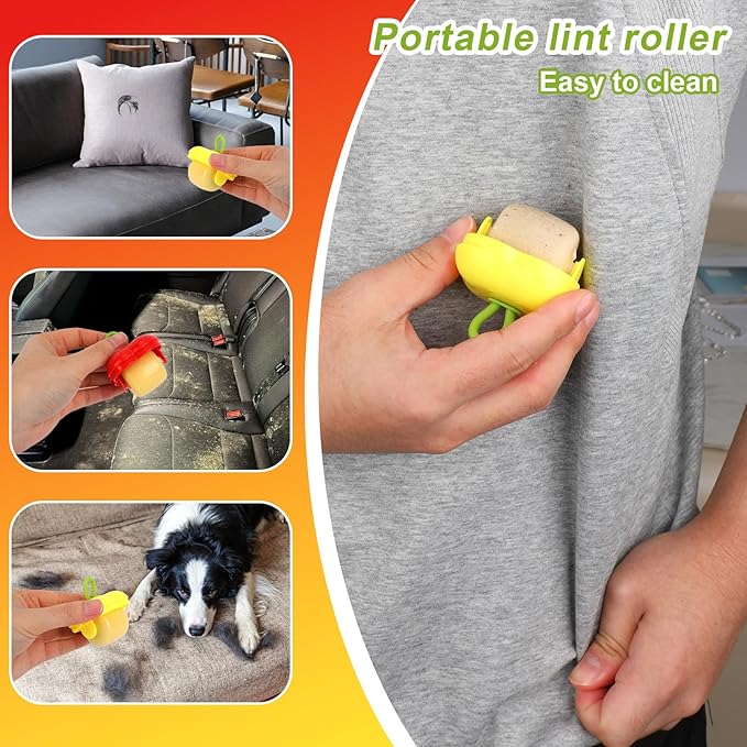 2pcs Mini Portable Lint Rollers, Washable Sticky Roller for Cleaning Pet Hair Debris Dust Portable Travel Lint Roller Reusable Pet Hair Removal Tool for Travel Household (Red, Yellow)