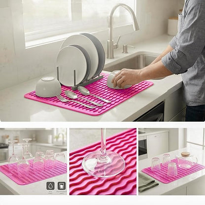MicoYang Silicone Dish Drying Mat for Multiple Usage,Easy clean,Eco-friendly,Heat-resistant Silicone Mat for Kitchen Counter or Sink,Refrigerator or drawer liner Rose L 16 inches x 12 inches