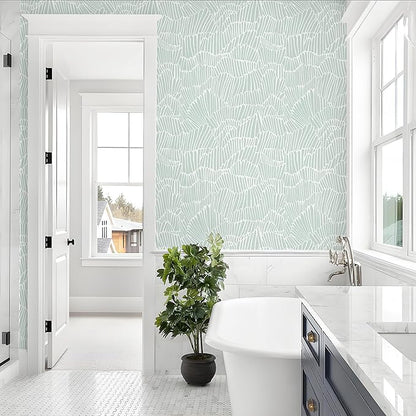 Guvana Green Wallpaper Peel and Stick Modern Sage Green and White Contact Paper Coastal Tropical Wallpaper Boho Striped Removable Waterproof Wall Paper for Bathroom Laundry Room Accent Wall 17.3"×394"