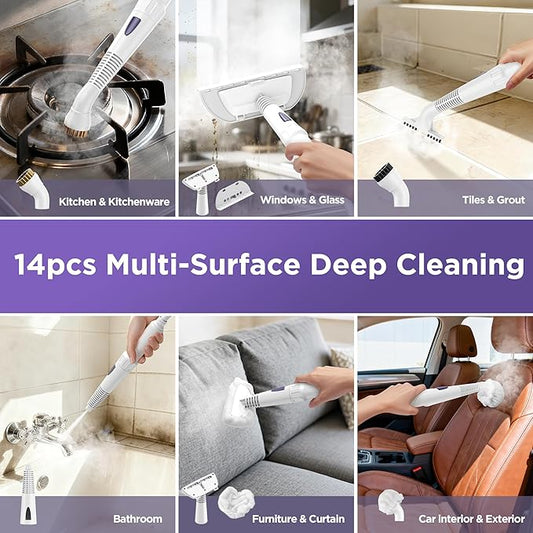 Steam Cleaner Handheld,Portable Detail Steamer for Car with 13-piece Kit,230°F Steaming for Bathroom,Grout,Tile&Shower,Mini Cleaner Running the Boiler at 25 psi,Safety Valve Splash-Free