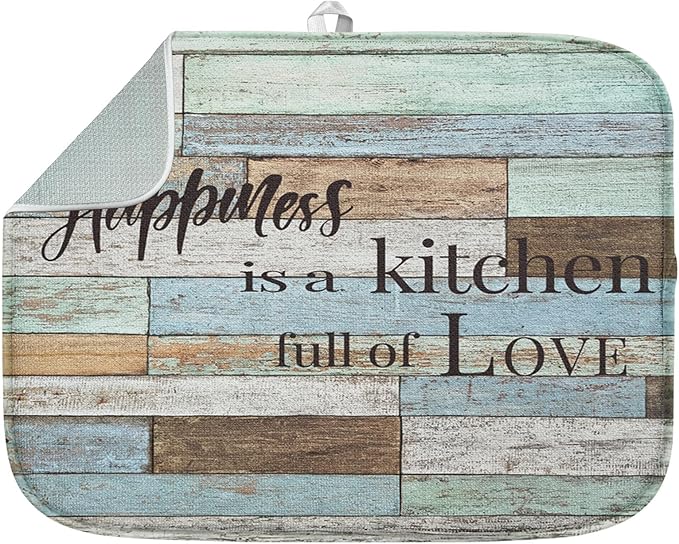 Sanwarm Absorbent Dish Drying Mat, Happiness Is A Kitchen Full of Love Microfiber Pad for Kitchen Counter, Coffee Bar Decor, Heat Resistant and Reversible, 16" x 18"